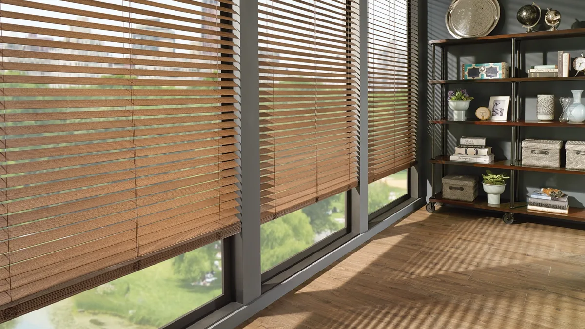 wood blinds in home office