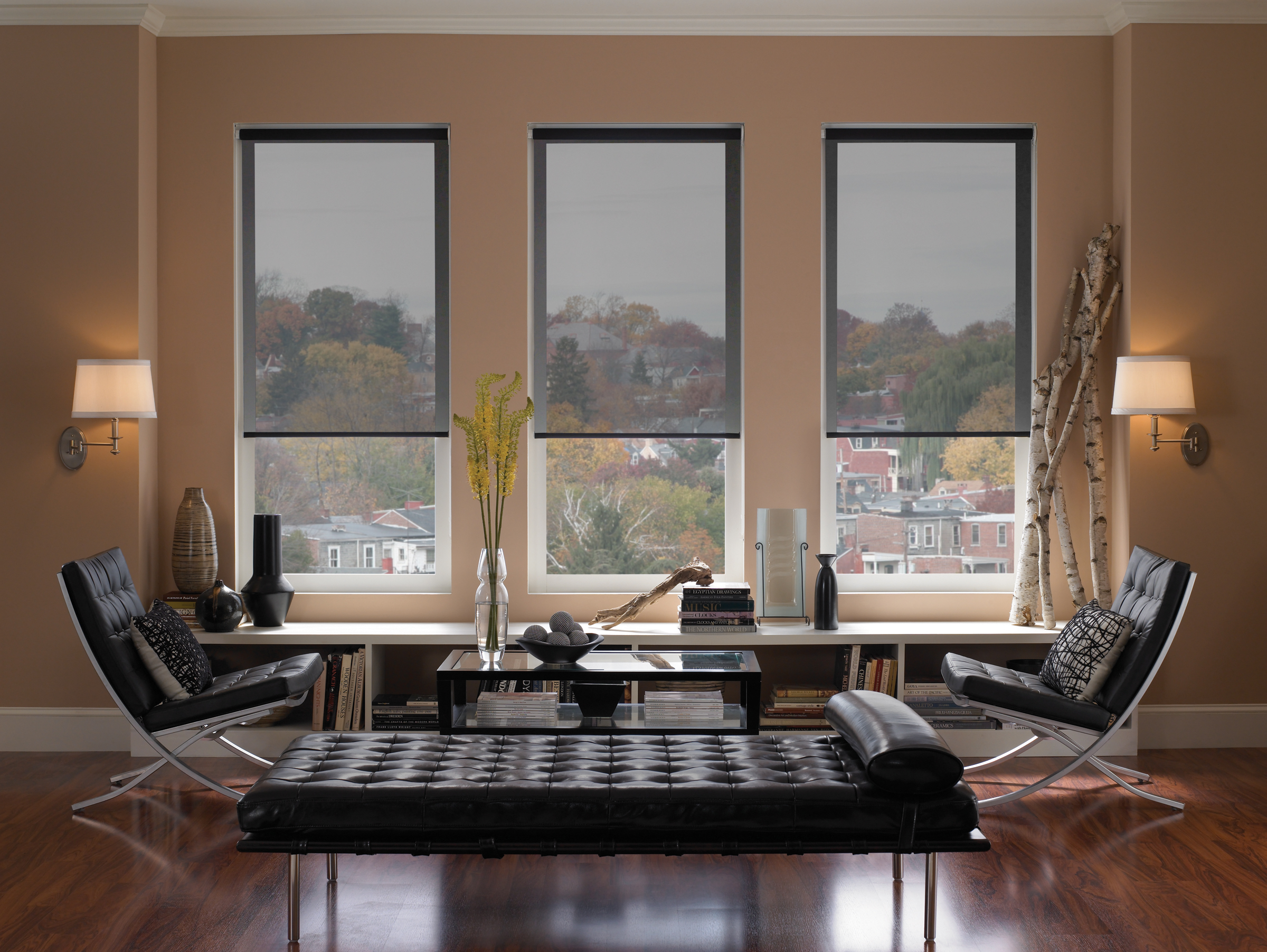 Black screen shades on three windows in a living room.